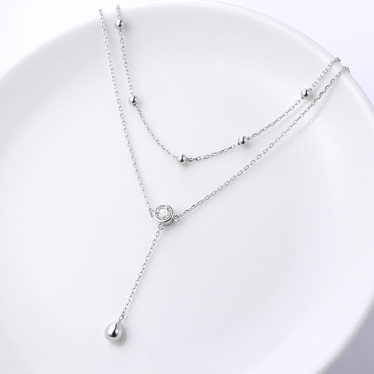 FLYOW Layered Necklace S925 Sterling Silver Teardrop Double Choker Y Lariat Long Necklace Mothers Day Birthday Gifts for Women