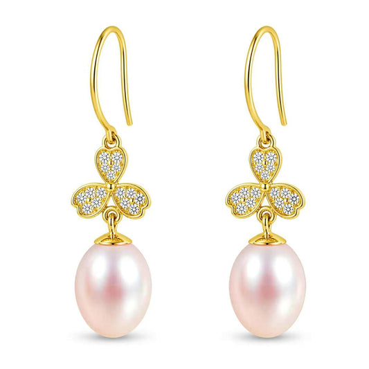 Pearl Drop Earrings for Women, Gold Plated & 925 Sterling Silver, Pink & White Dangle Earrings, Dainty Cute Elegant Bridal Wedding Gift for Her
