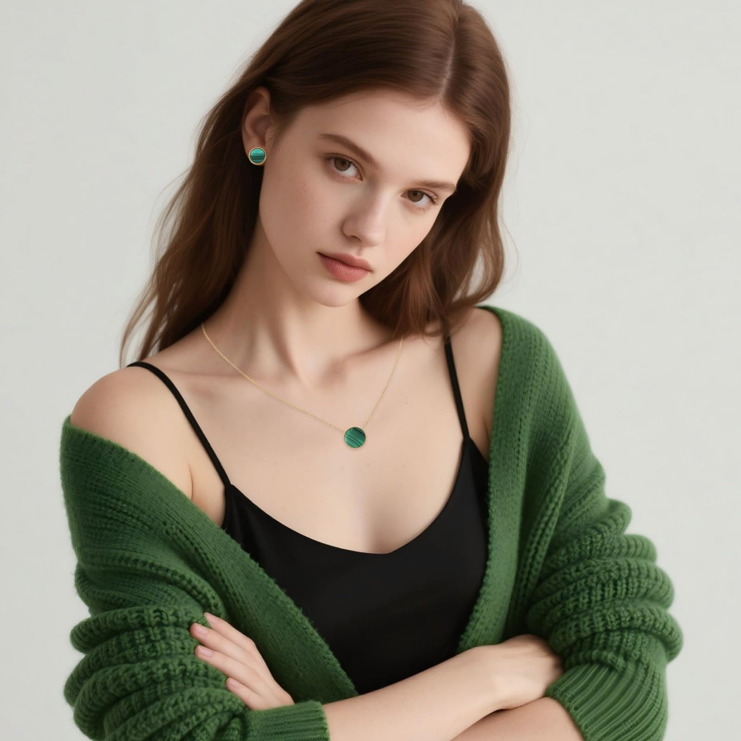 TaYolnFaSo Round Malachite Jewelry Set for Women 18K Gold Plated Malachite Necklace Studs Earrings Set Dainty Jewelry Gift