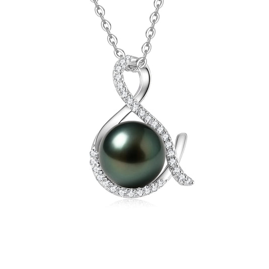 Genuine Tahitian Black Pearl Necklace - Christmas Gift for Wife Mom Women Daughter, Jewelry Gifts for Wedding Anniversary Birthday, 10-11mm Seawater Pearl with Sterling Silver Moissanite Pendant