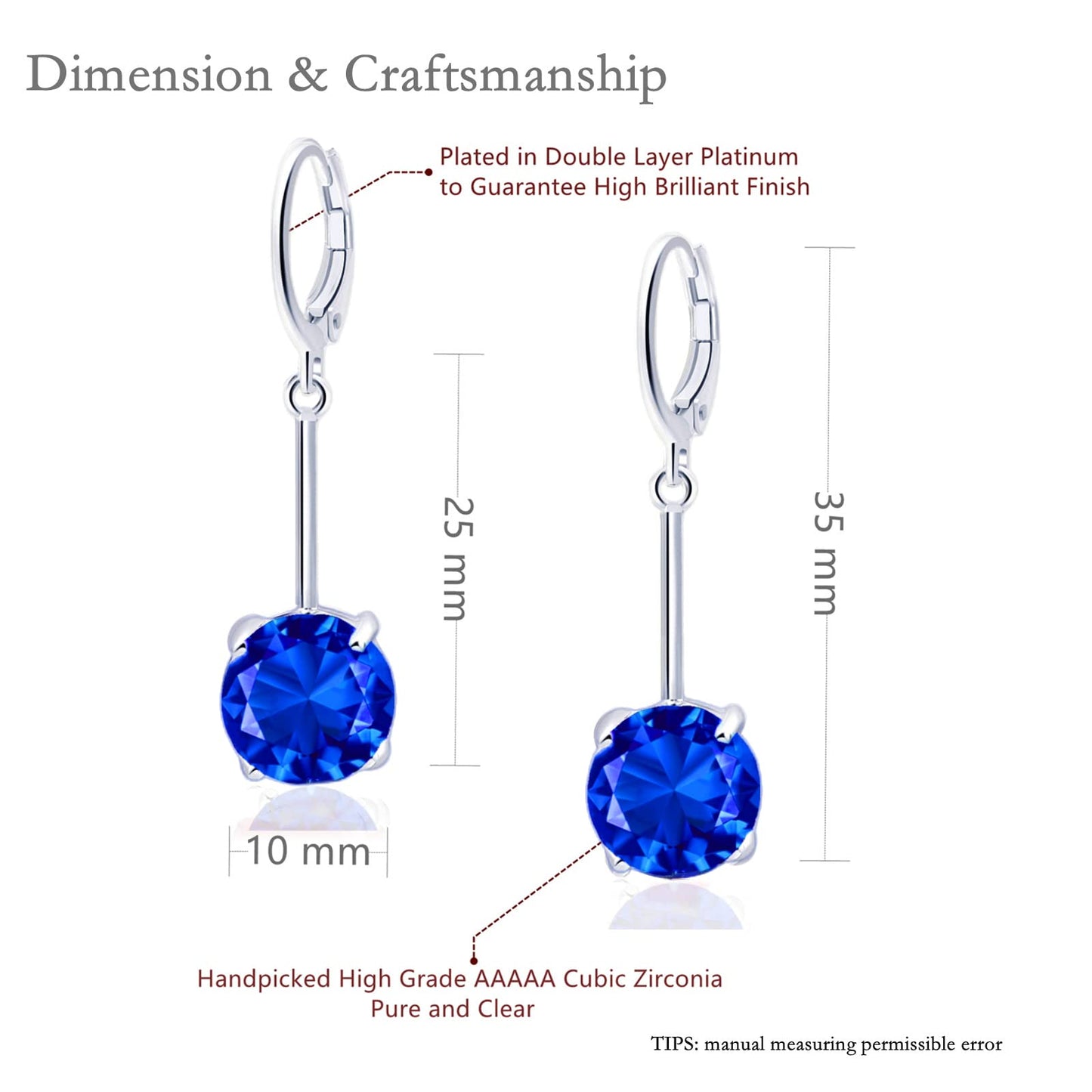 VONSSY Gemstone Drop Dangle Earrings | Platinum /Gold Plated Leverback Crystal Cubic Zirconia Hanging Red /Pink/Blue Earrings (Sapphire Blue-Platinum)