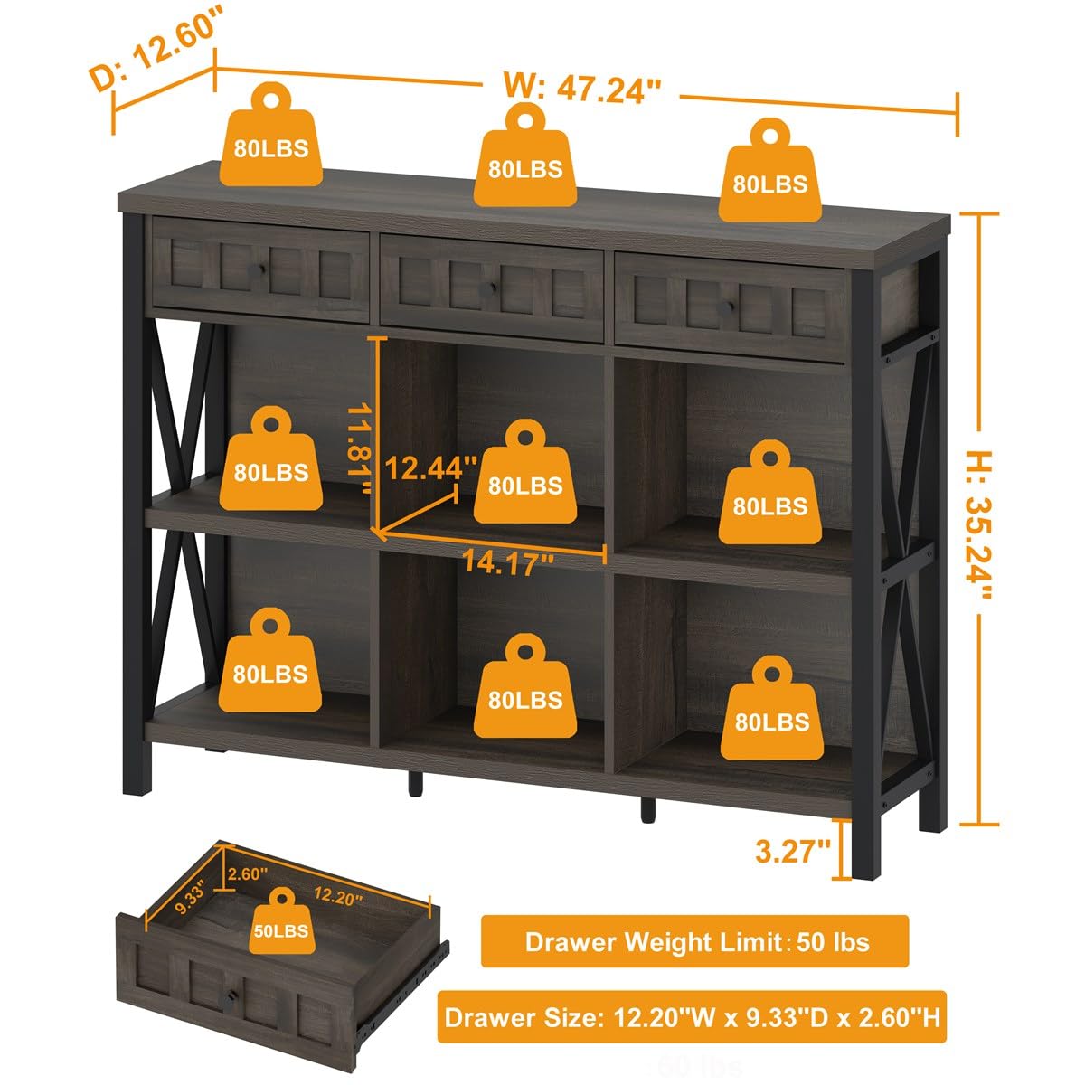 FATORRI Rustic 6 Cube Storage Organizer Bookshelf with 3 Drawers, Short Low Horizontal Bookshelf for Living Room, Industrial Wood and Metal Cubby Bookcase for Home Office (Walnut Brown, 47 Inch)