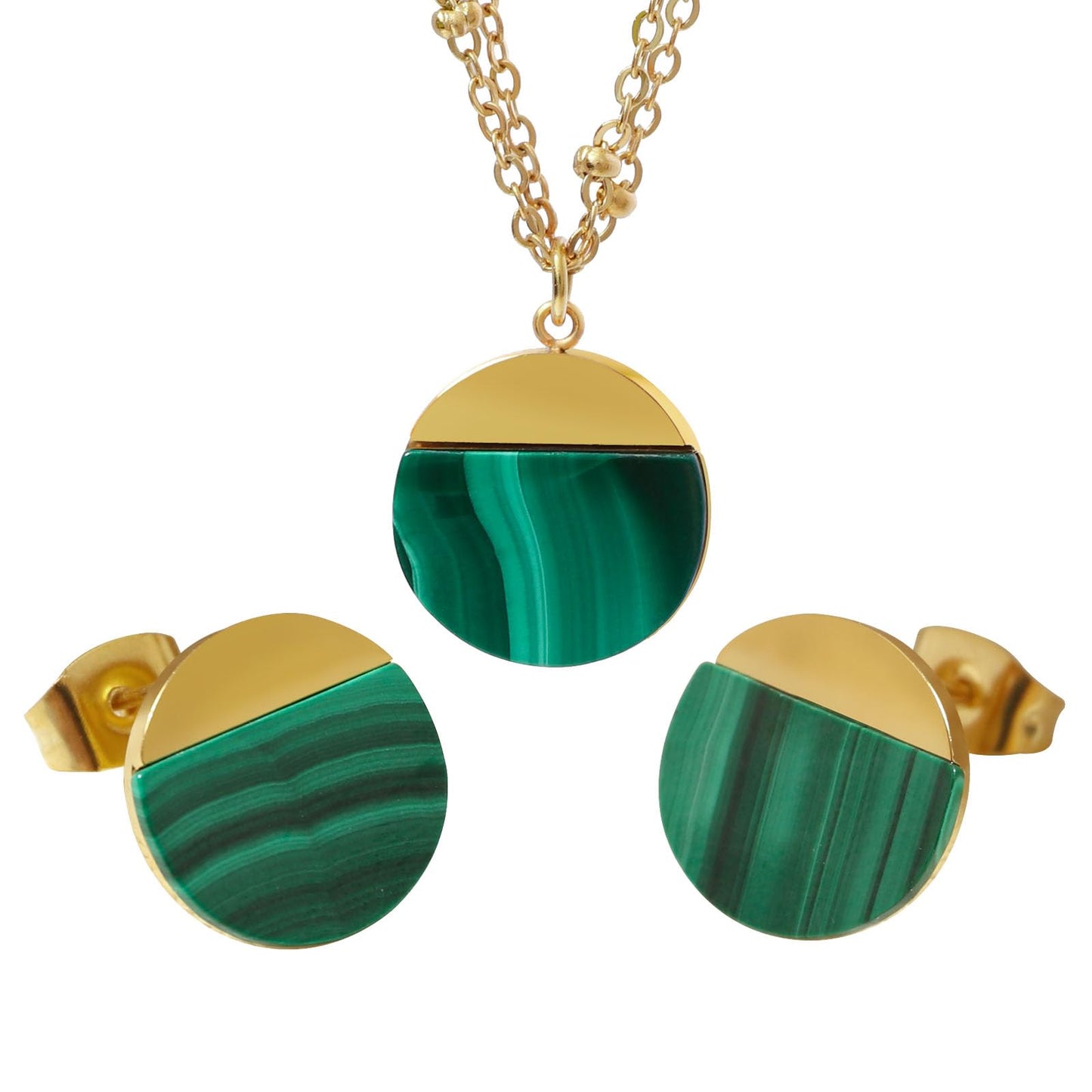 TaYolnFaSo Natural Malachite Jewelry Set for Women 18K Gold Plated Malachite Stud Earrings Double Chain Necklace Set Dainty Jewelry Gift
