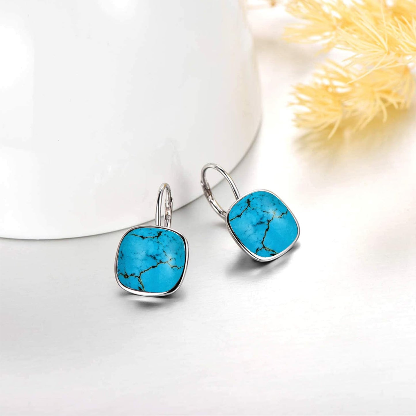 AOBOCO Sterling Silver Leverback Earrings Embellished with Crystals from Austria, Hypoallergenic Cushion Cut Square Crystal Earrings, Fine Anniversary Birthday Jewelry Gifts for Women (Blue turquoise)