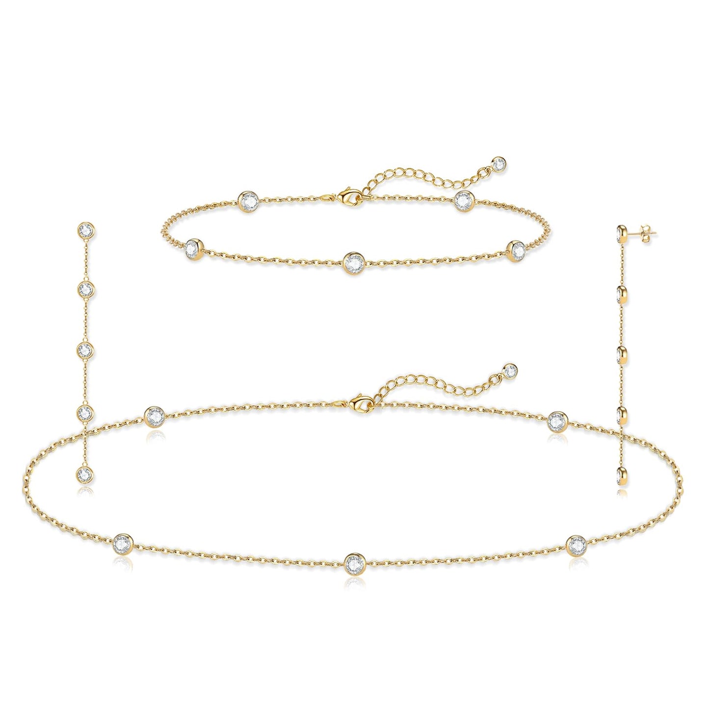 LULII Gold Jewelry Set for Women Dainty 14K Gold Plated Diamond CZ Chain Necklace and Earring Set with Drop Earrings Bracelets Gold Necklace Wedding Jewelry Gift