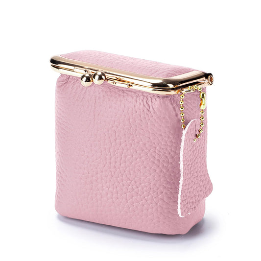 Litchi Leather Coin Purse for Women, Portable Vintage Wallet Mini Lipstick Holder Fashion Solid Color Kiss Lock Key Storage Square Pouch (Pink)