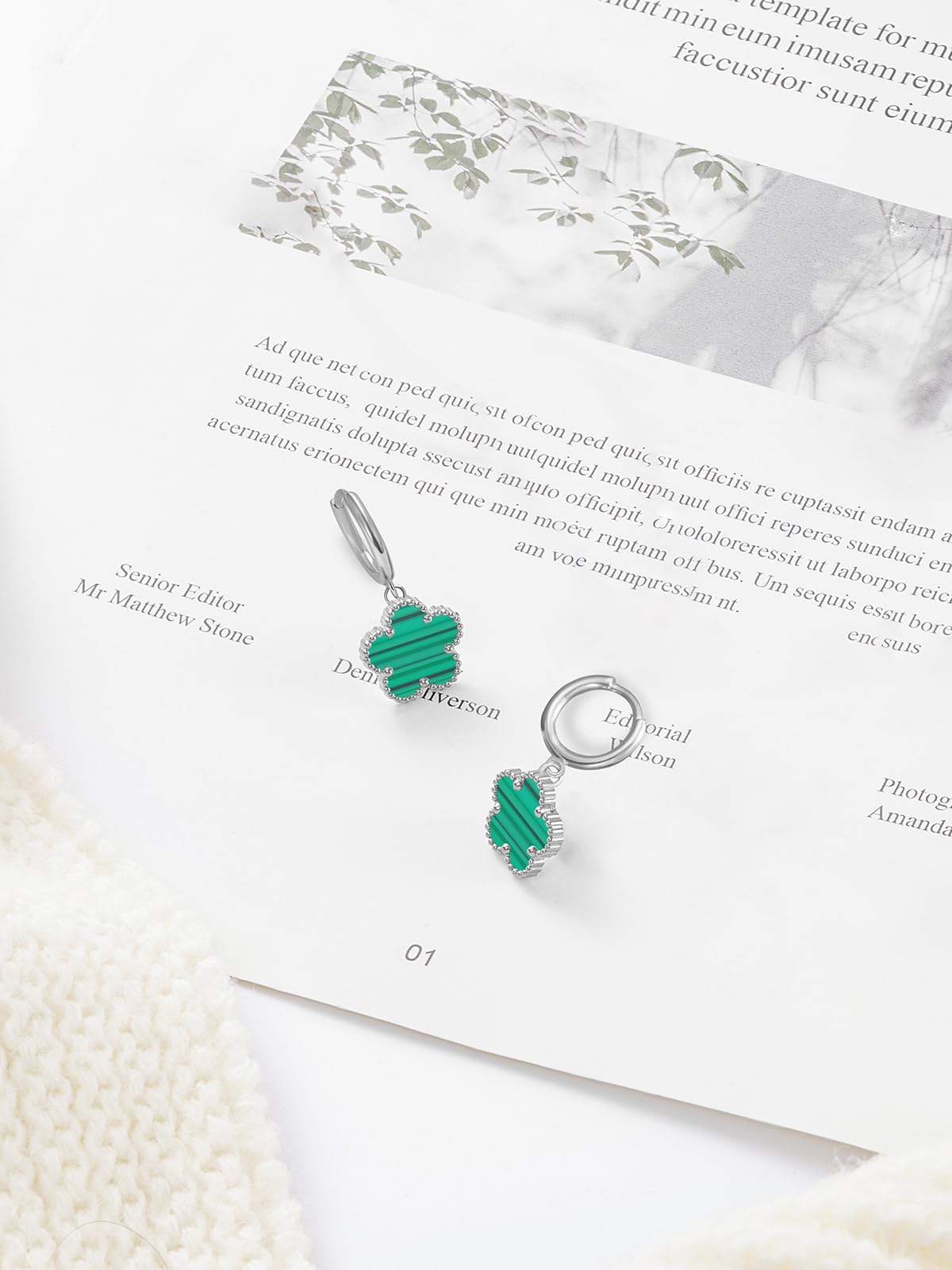 Gold Plated Five Leaf Clover Dangle Earrings for Women Lucky Flower Jewelry (Green Stripe-White Gold Plated)