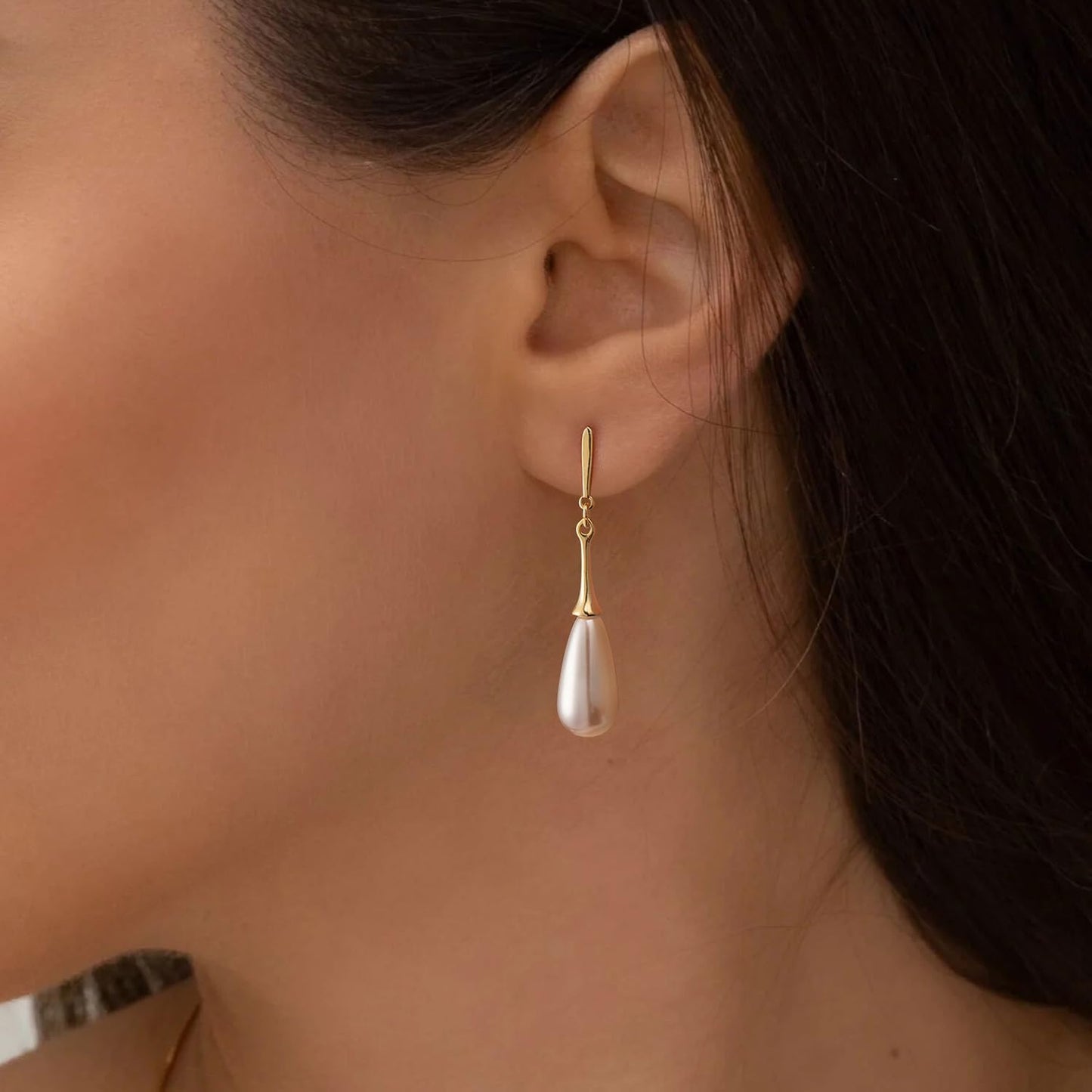 PRTGL Pearl Earrings: 14k Gold-plated Teardrop Dainty Pearl Dangle Earrings for Women