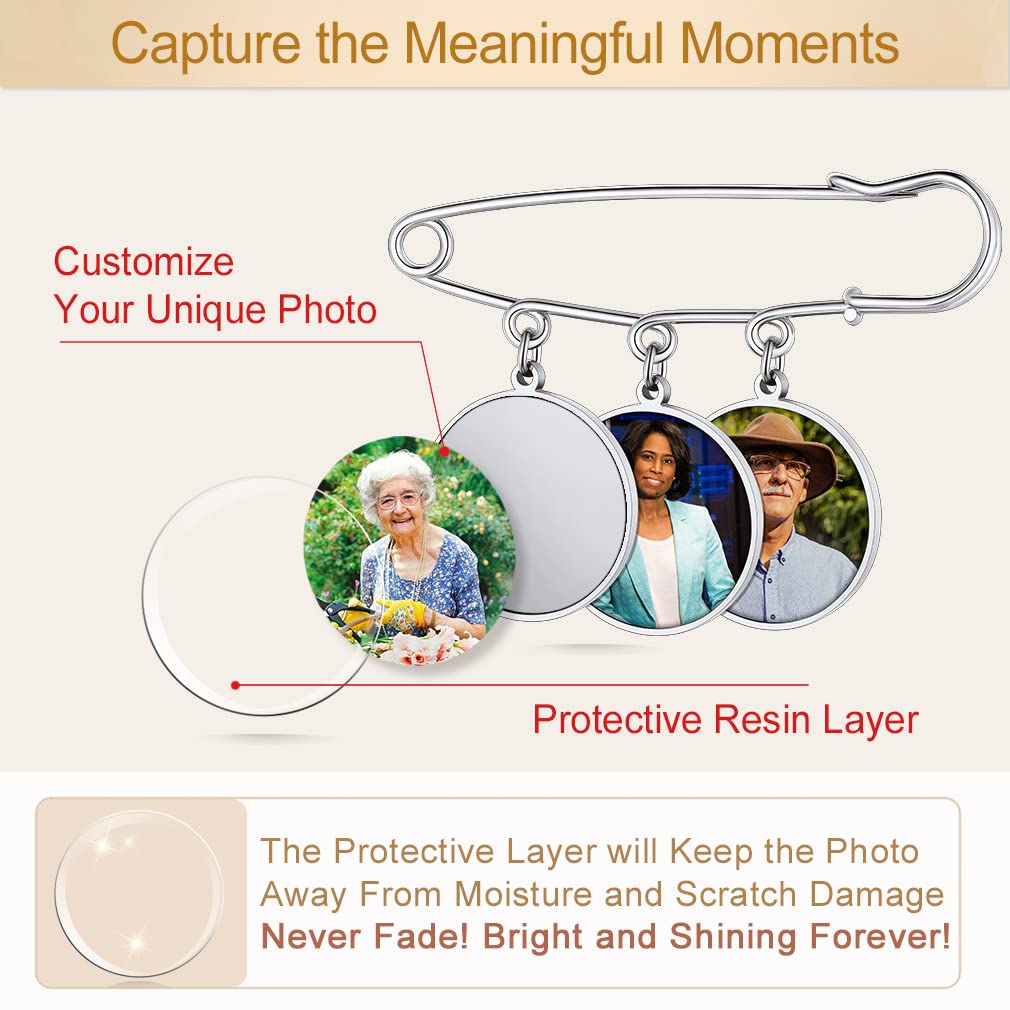 Custom4U Memory Charms for Wedding Bouquet Customized with 3 Pictures Custom Photo Brooch Pins Funeral Boutonniere Round Shaped Charm Memorial Jewelry