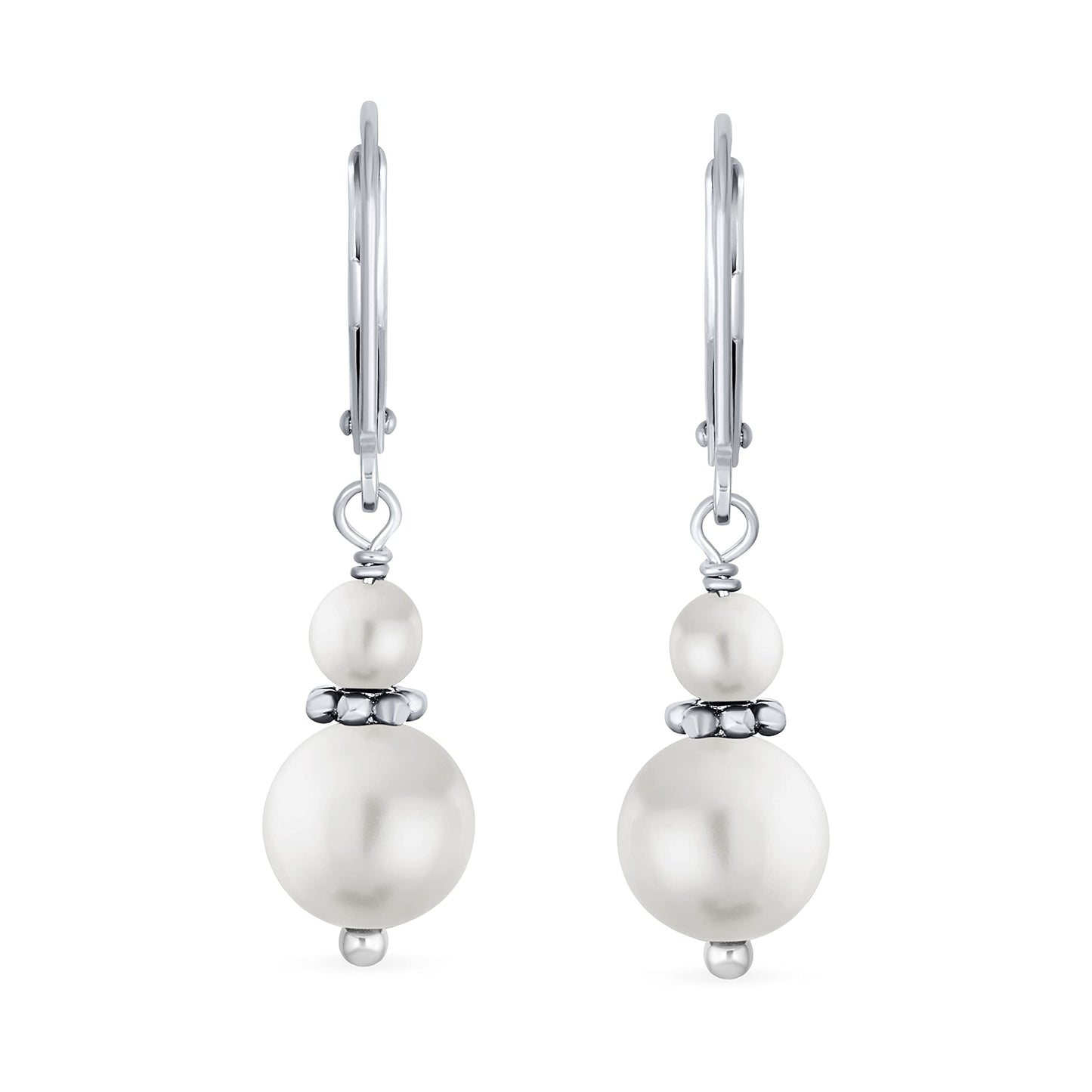Bling Jewelry Timeless .925 Sterling Silver White Freshwater Cultured Pearl Bead 3MM & 8mm Balls Drop Earrings Milgrain Rondel Separator Lever Back Genuine Gemstone