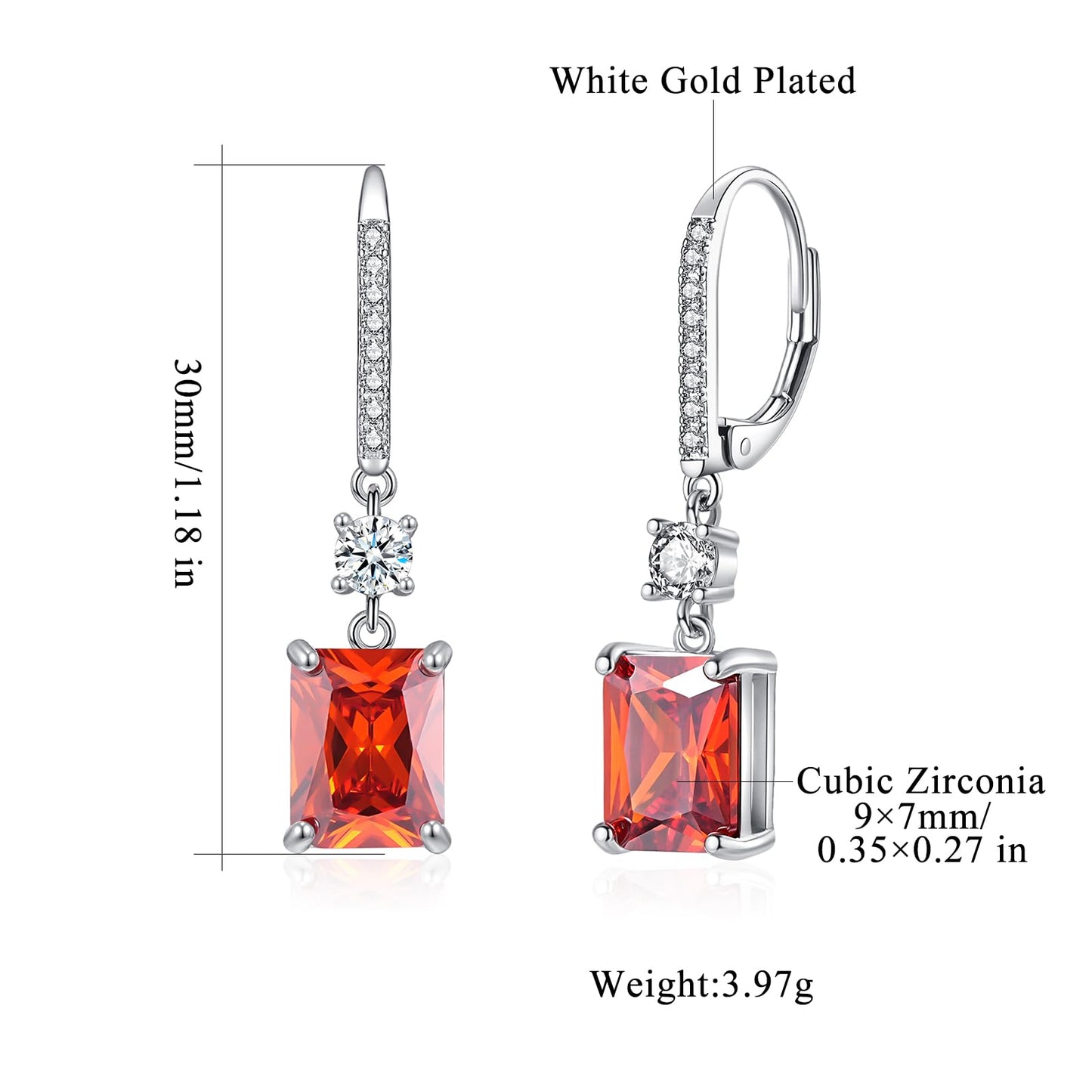 CiNily Rectangular-cut Drop Dangle Earrings Hypoallergenic, 14K White Gold Plated Red Cubic Zircon Earrings Diamond Dangle Earrings Jewelry for Sensitive Ear