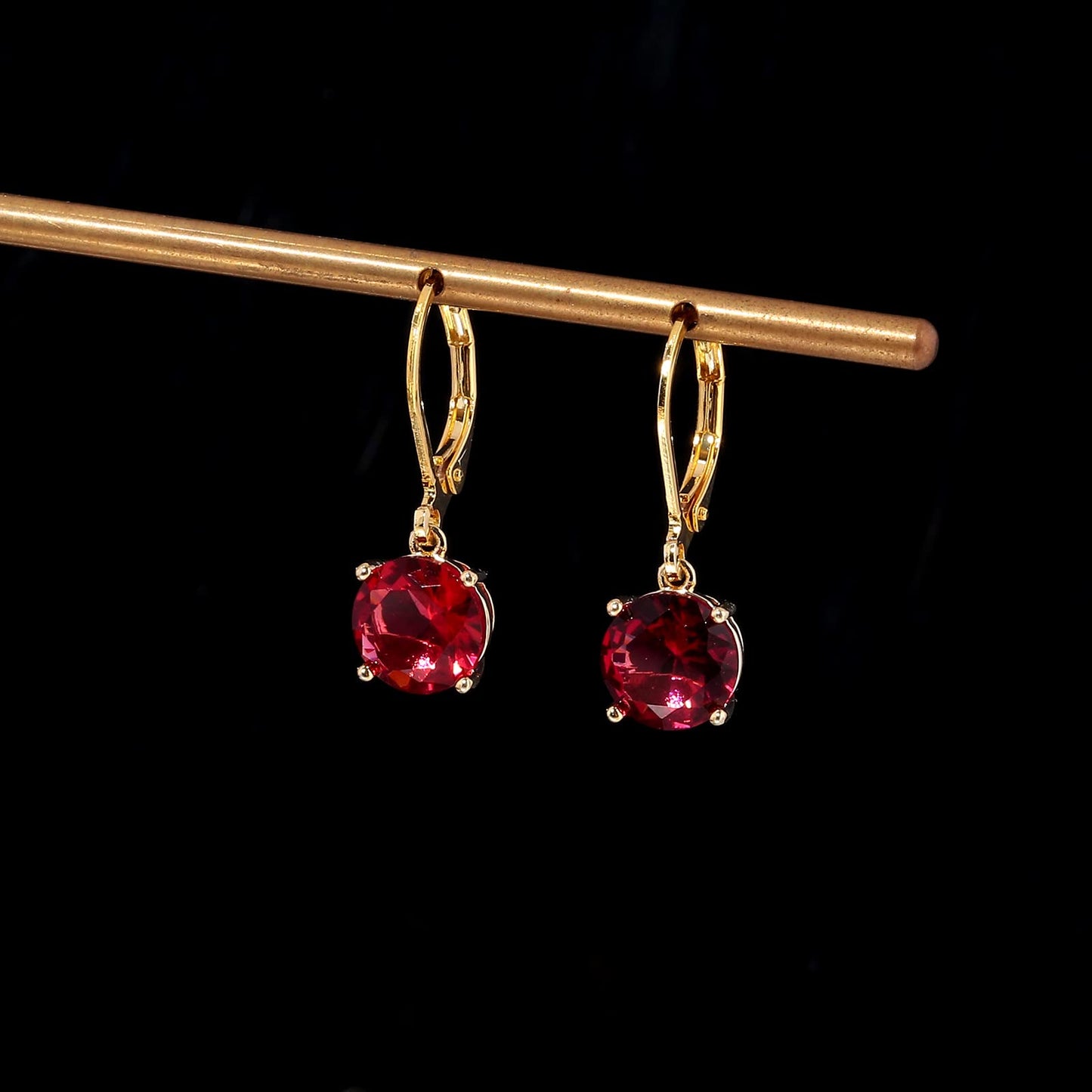 CiNily Leverback Dangle Earrings for Women Ladies Red Cubic Zircon Pendant Earrings 14K Gold Plated Hypoallergenic Crystal Drop Earrings for Sensitive Ears Jewelry 8 mm