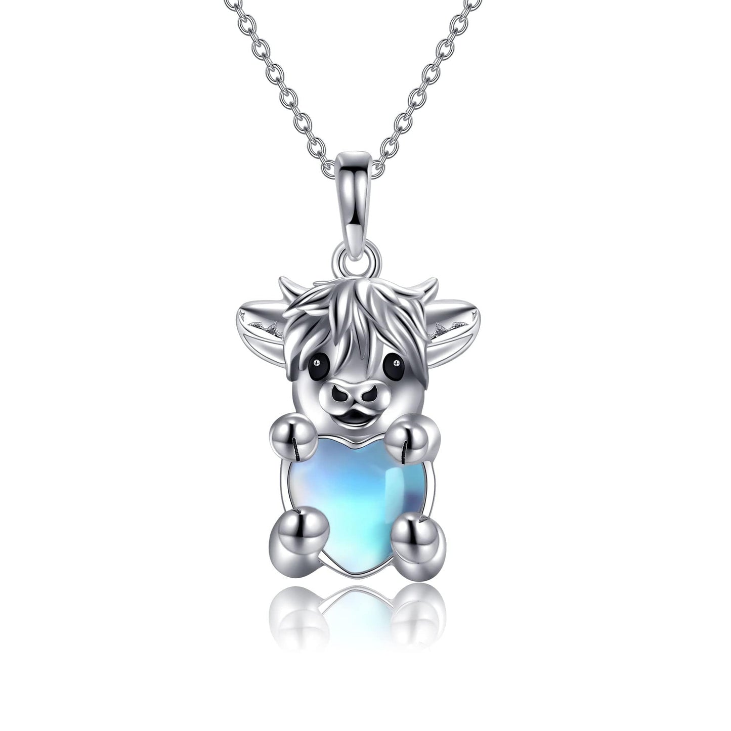 YAFEINI Highland Cow Necklace 925 Sterling Silver Moonstone Highland Cow Pendant Mother's Day Jewelry for Women Mom