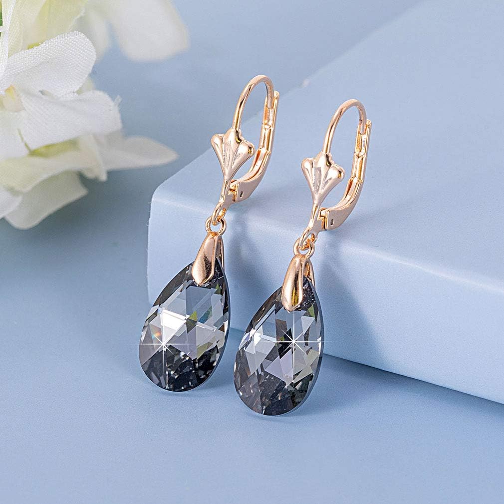 Austrian Crystal Teardrop Leverback Dangle Earrings for Women Fashion 14K Gold Plated Hypoallergenic Jewelry (Black)