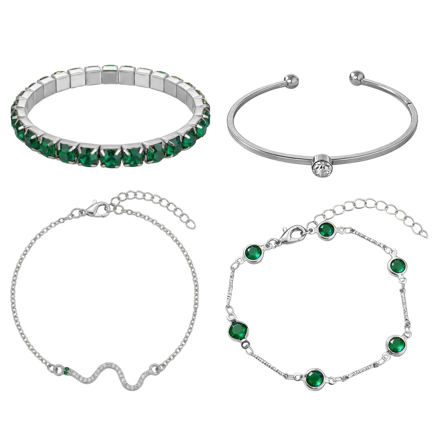 VEINARDYL Silver Birthstone Bracelets for Women, Green Birthstone Layered Jewelry Cuff Silver Plated Bangles, Open Adjustable Bracelets Fashion Accessories Jewelry Set for Mothers Day Gifts