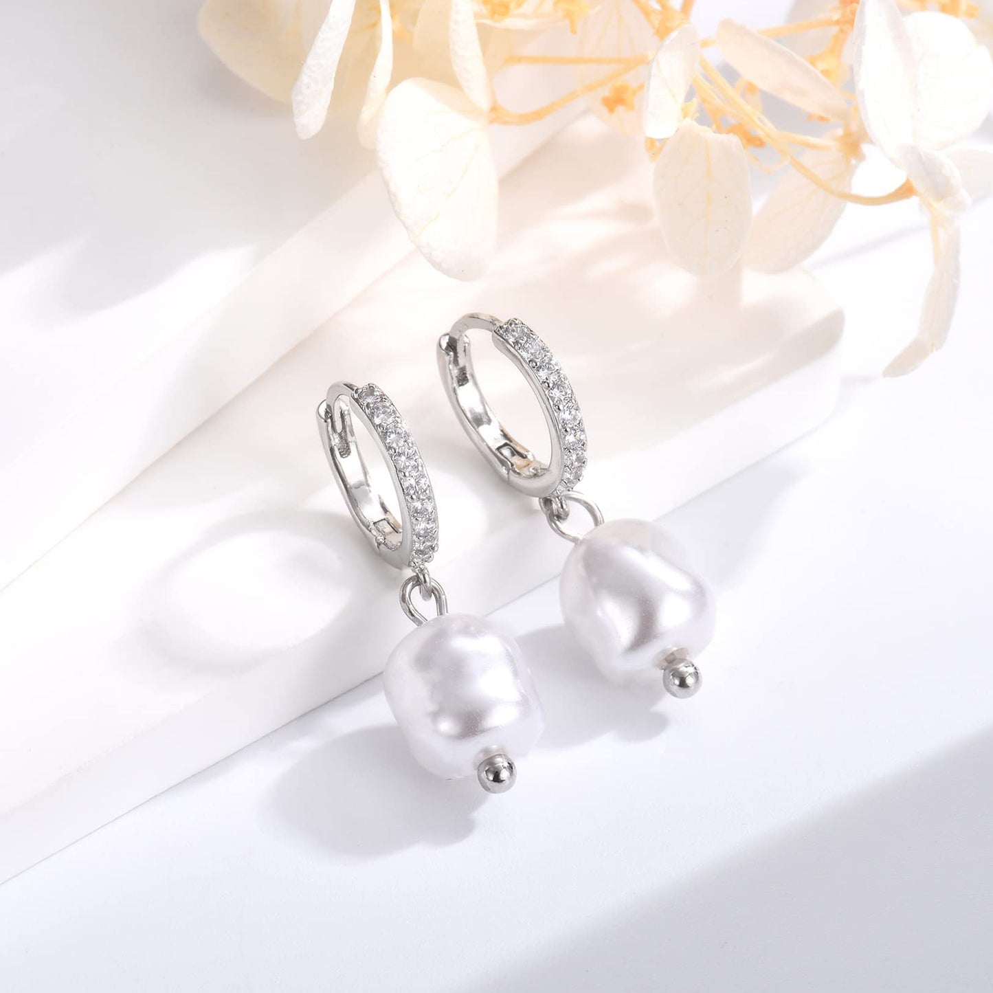 CERSLIMO Sterling Silver Pearl Drop Earrings for Women, S925, Baroque Shell, Hypoallergenic, Dainty Hoop, Modern Chic