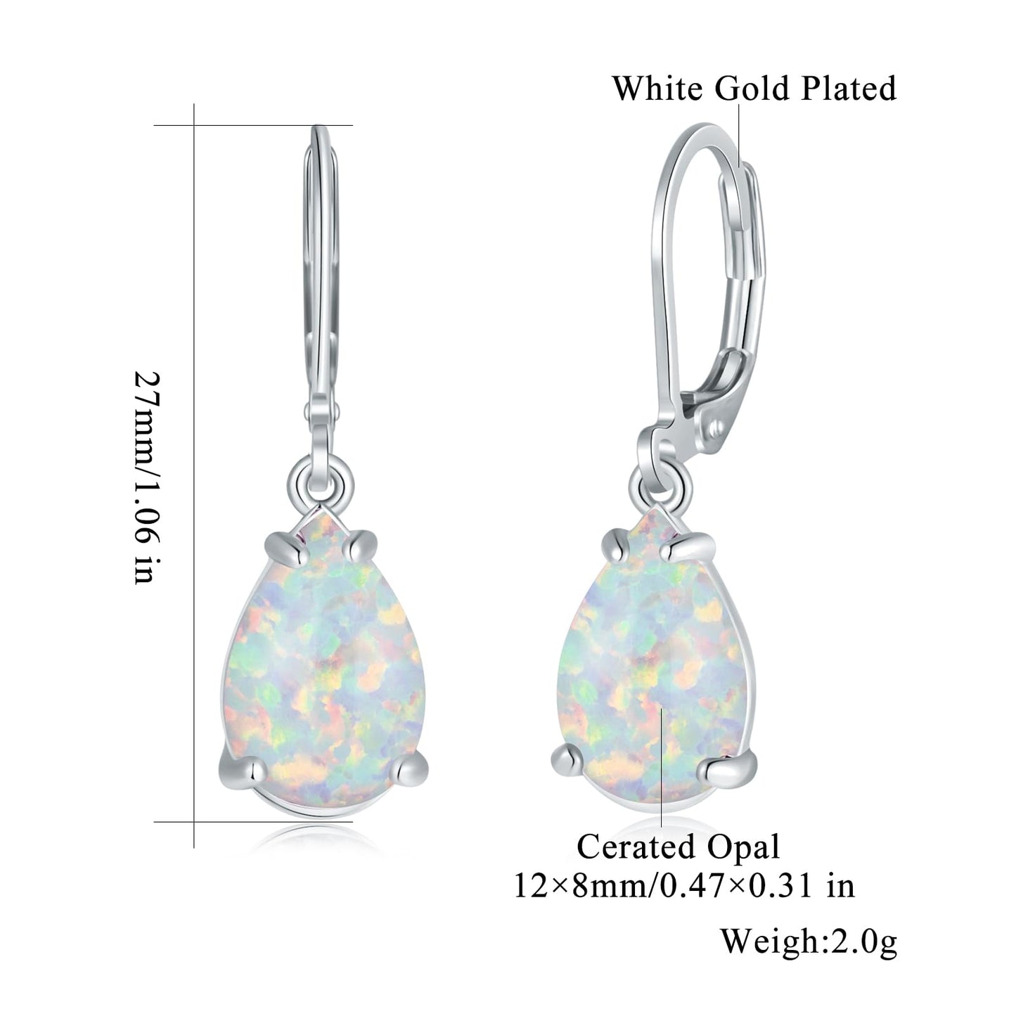 CiNily Teardrop Leverback Dangle Earrings for Women Hypoallergenic White Opal Pendant Drop Earrings 14K White Gold Plated Hanging Lever Earrings Fashion Graduation Party Jewelry Gifts