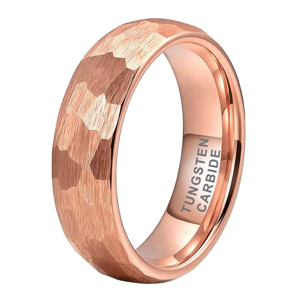 TUTISS 6mm Rose Gold Hammered Tungsten Rings for Men Women Engagement Wedding Bands Domed Matte Finish Comfort Fit Size 8