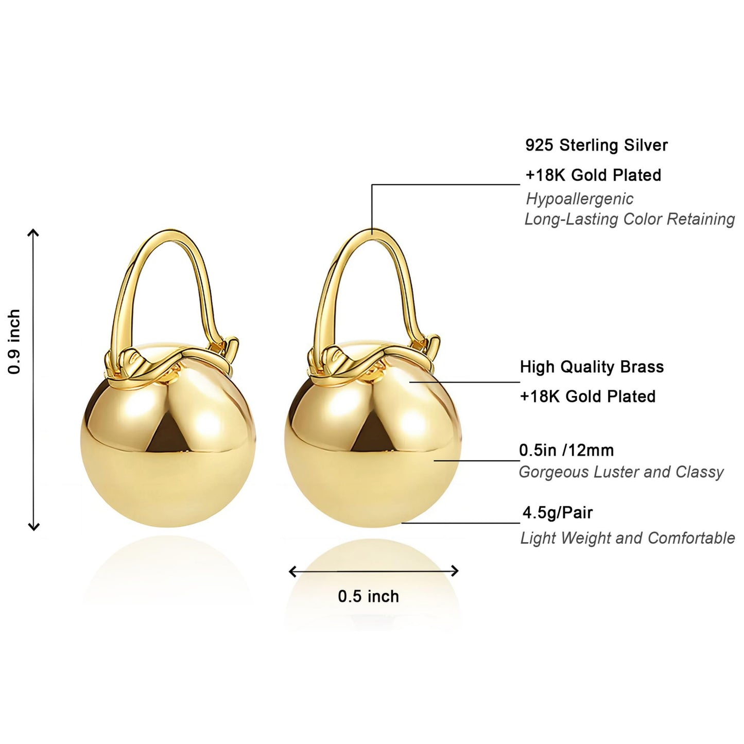 OwMell Elegant 925 Sterling Silver Pearl Drop Earrings Dangle Stud Gold Plated Earrings for Women Large Size 12mm - Gold Plated