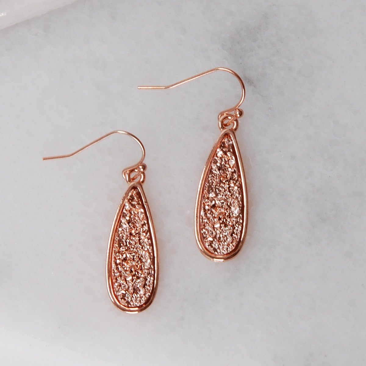 Rose Gold Tone Dangle Earrings for Women - Boho Rose Gold Tone Earrings Dangle, Simulated Druzy Dangly Teardrop Hanging Bohemian Drops, Sparkly Long Tear Drop Dangling Bridal and Bridesmaid Jewelry
