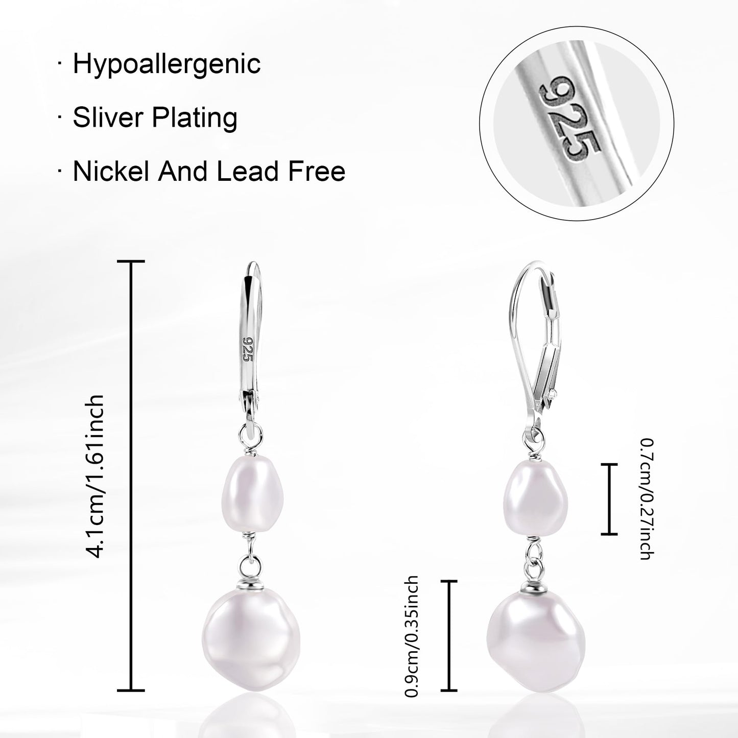 Silver Pearl Dangle Earrings for Women 925 Sterling Silver Double Pearl Drop Earrings Hypoallergenic Leverback Baroque Irregular Pearls Earring