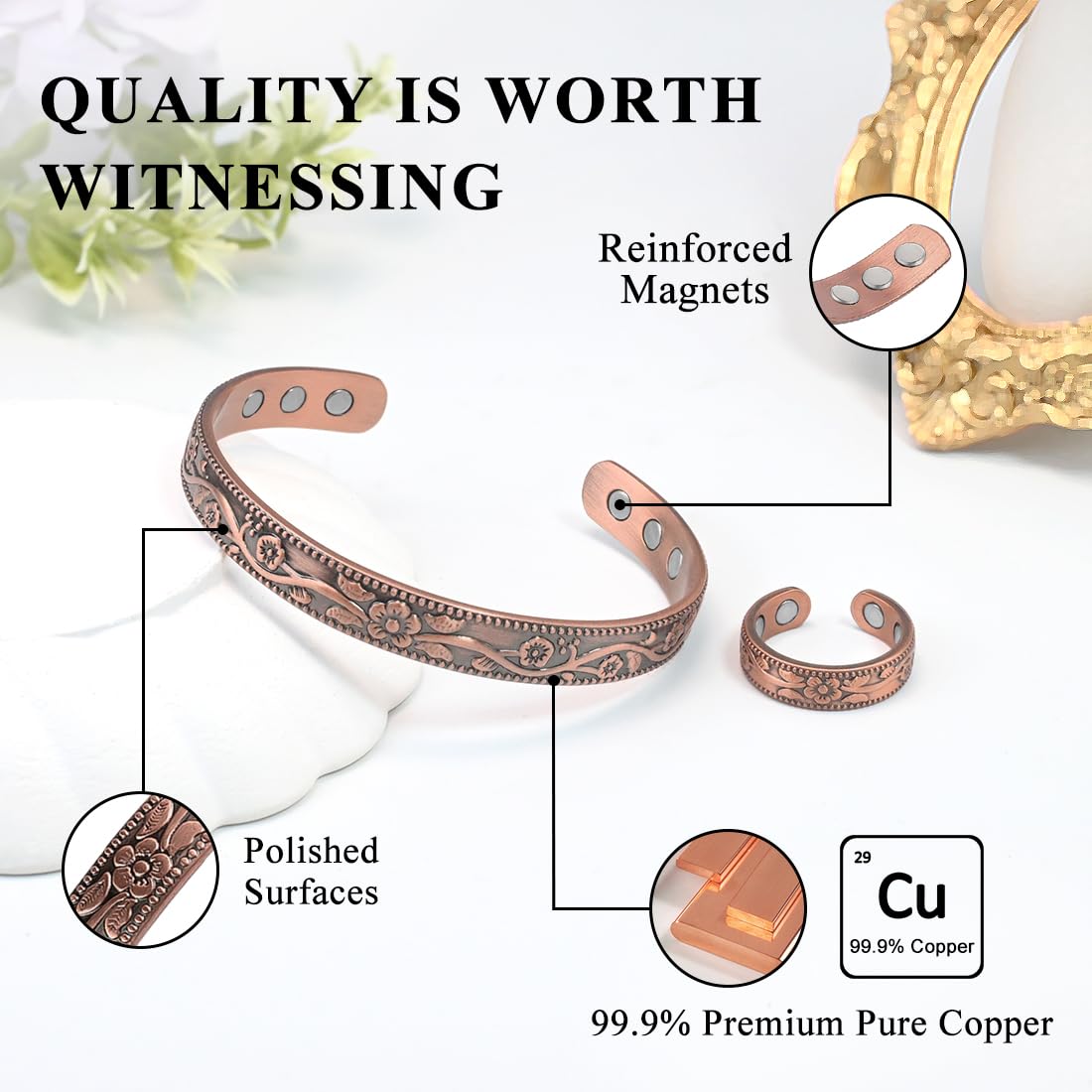Vicmag Copper Magnetic Bracelet for Women and Men Ultra Strength Magnets 99.9% Pure Copper Strong Magnets Jewelry Gift Adjustable Length(Flower)