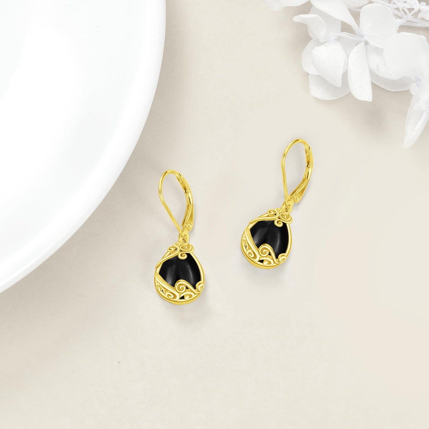 Black Onyx Drop Earrings for Women - Sterling Silver 18K Yellow Gold Plated Filigree Dangle Leverback Jewelry Gifts
