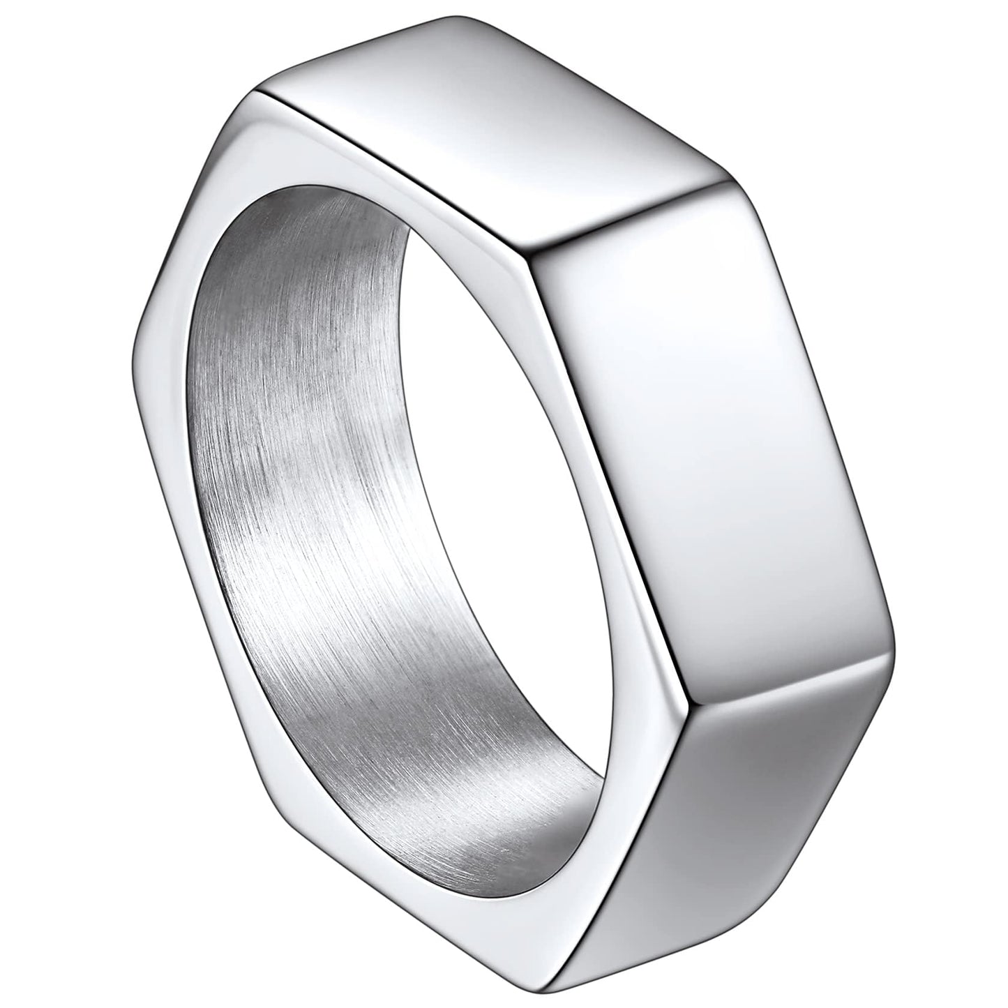 ChainsHouse Men's Punk Stainless Steel Gothic Screw Edge Hexagon Geometric Biker Ring Bands, Size 14
