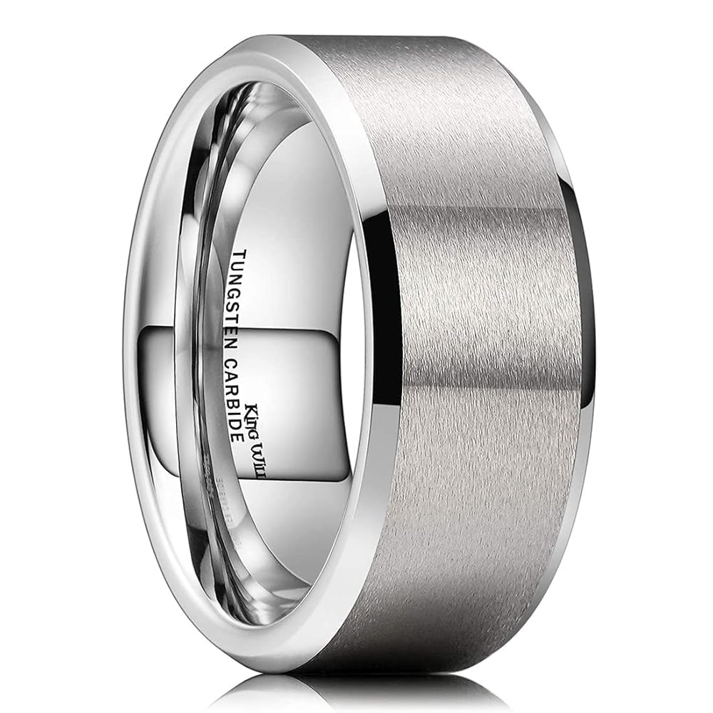King Will Silver 9mm Men's Wedding Ring - Brushed Matte Finish, Beveled Polished Edge, Comfort Fit Size 15