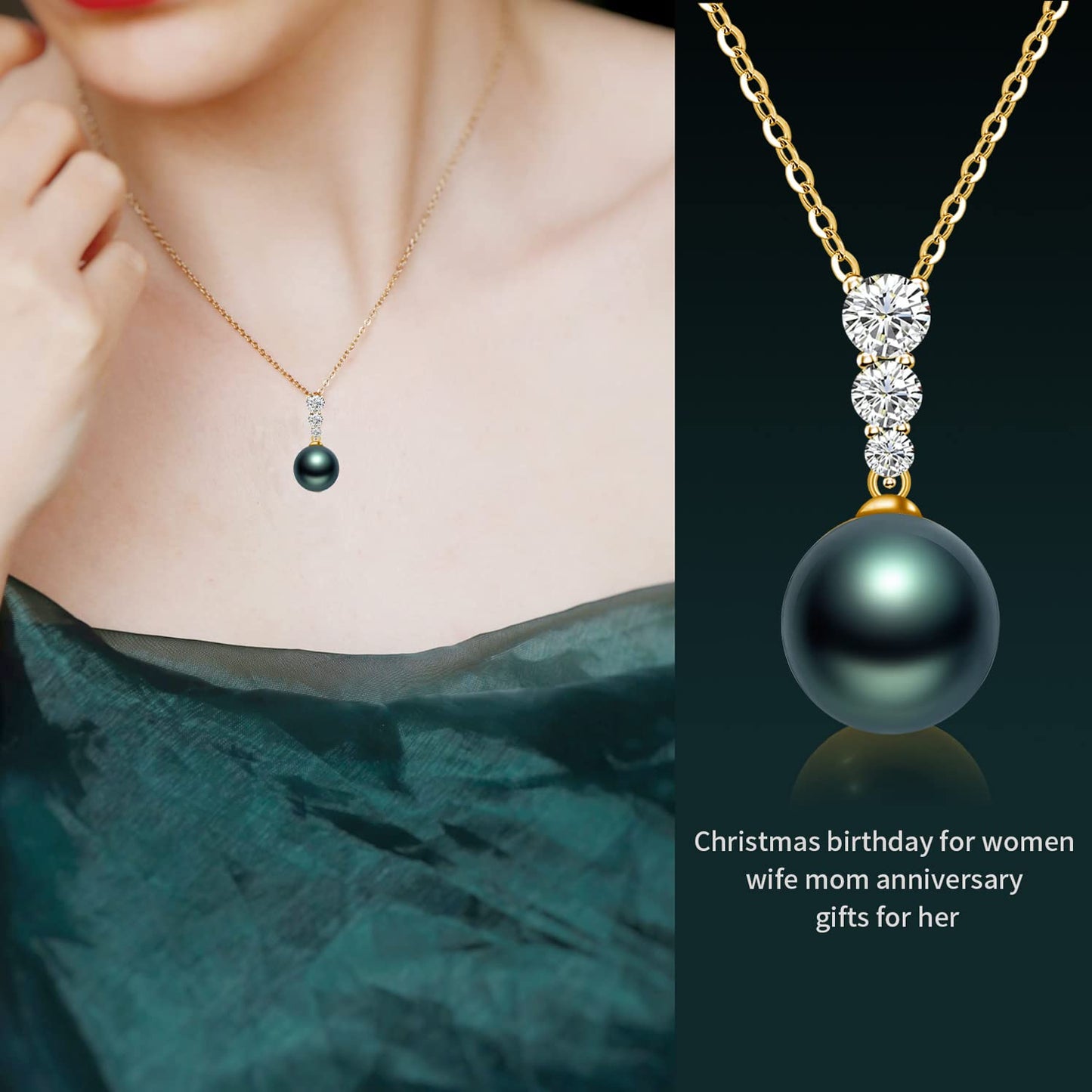 NONNYL Tahitian Black Pearl Necklace, 18K Gold Plated 925 Sterling Silver, for Women - Gifts for Mom, Wife, Anniversary, Mother's Day, Birthday, Christmas, Valentine's Day