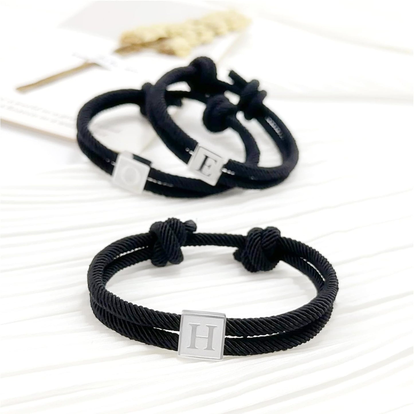 BHDJSHX Personalized Initial Rope Bracelet for Men, Stainless Steel A-Z Letter Charm Bracelet,Adjustable Handmade Braided Black Cord,7-13 Inches,Gifts For Men,Brothers,Son,Boyfriend(Y)
