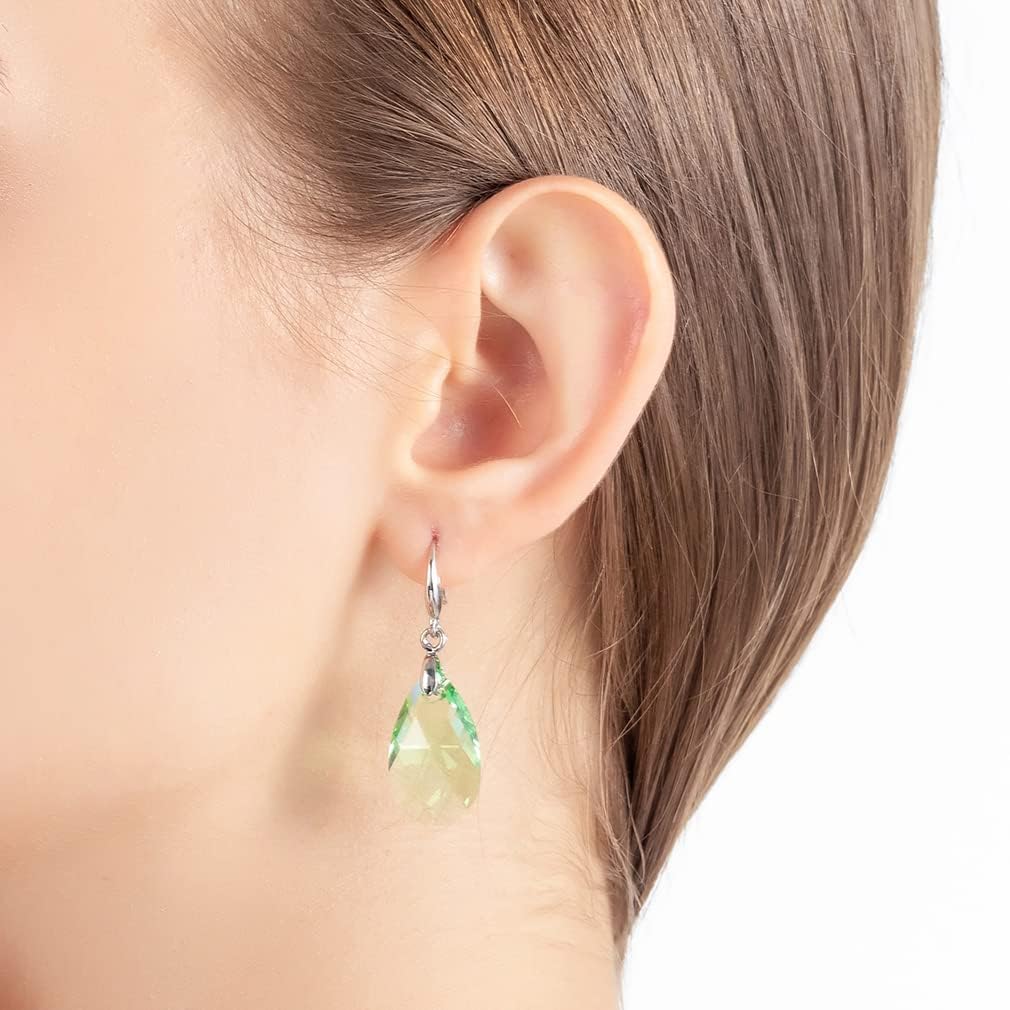 Austrian Crystal Teardrop Dangle Hook Earrings for Women 14K Gold Plated Hypoallergenic Jewelry (Green)