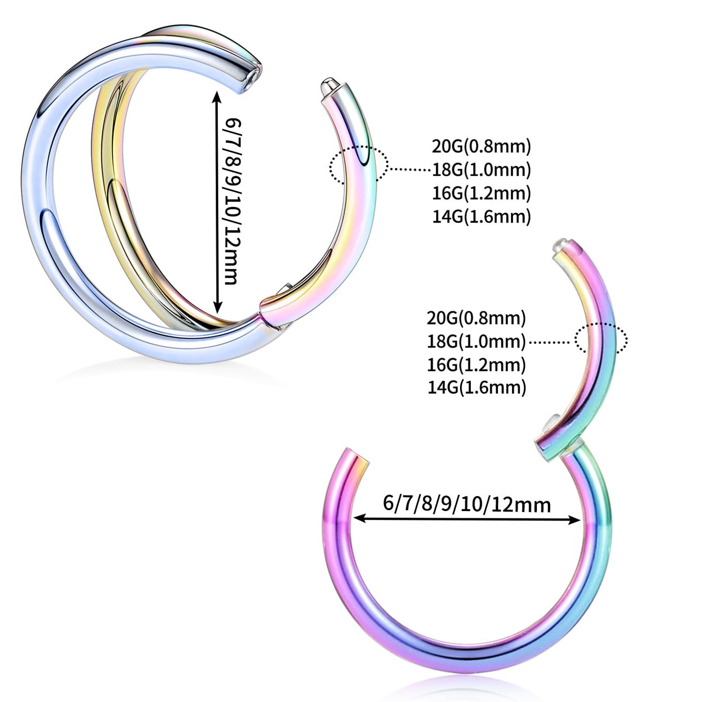 Nose Rings 14 Gauge Nose Ring Hoop Earrings For Women 14g Nose Hoop 12mm Double Hoop Septum Jewelry Surgical Steel Septum Ring Septum Clicker Lip Rings Helix Earring Rainbow Cartilage Earring