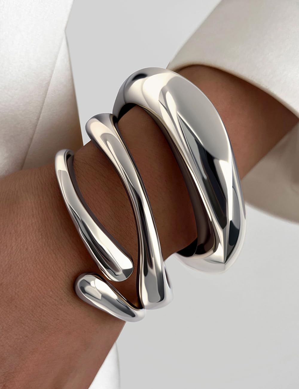 Chunky Gold Bangle Bracelets for Women, Dainty 14k Gold Plated Big Stackable Bangles Set, Trendy Statement Cuff Bracelet Stack Summer Beach Jewelry Gifts (Silver)