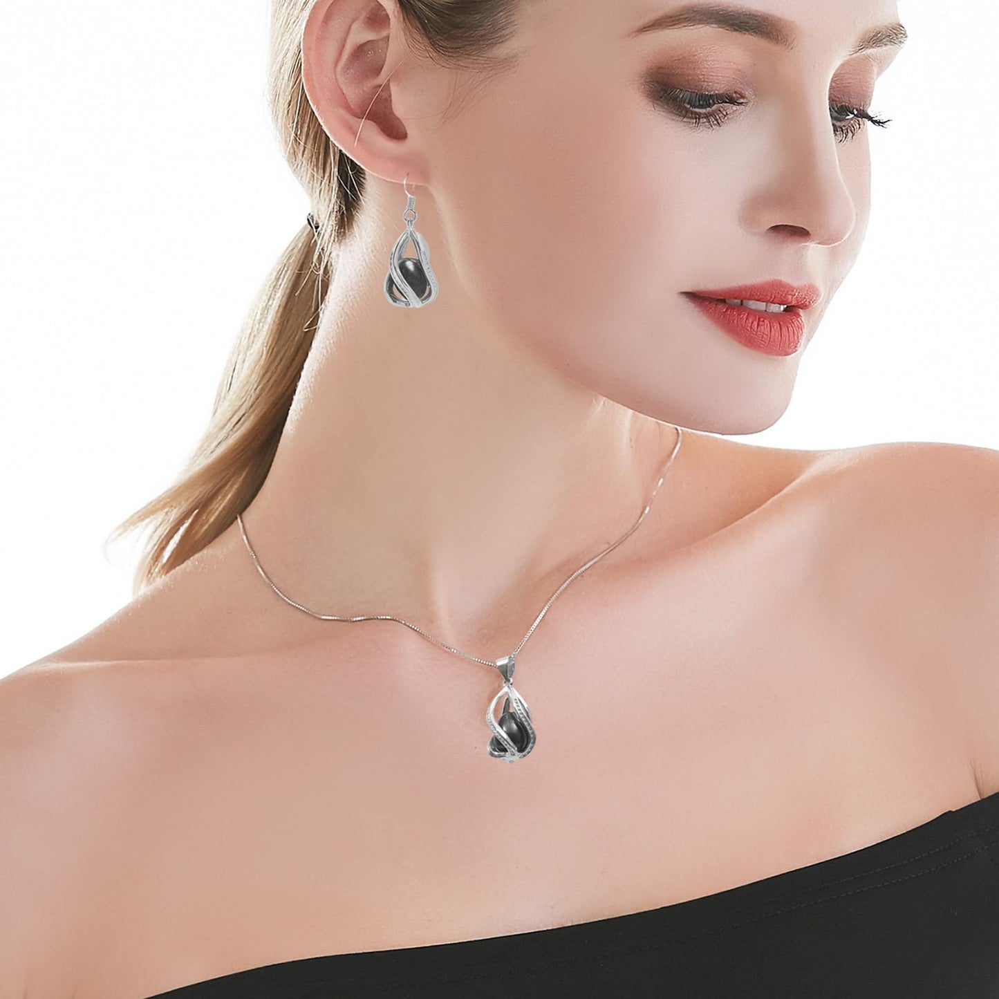 HENGSHENG Pearl Jewelry Set For Women S925 Sterling Silver Necklace & Earrings Set Freshwater Pearl Pendant Cage Set for Wedding Anniversary Prom Birthday Gift - Silvery Black