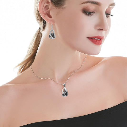 HENGSHENG Pearl Jewelry Set For Women S925 Sterling Silver Necklace & Earrings Set Freshwater Pearl Pendant Cage Set for Wedding Anniversary Prom Birthday Gift - Silvery Black