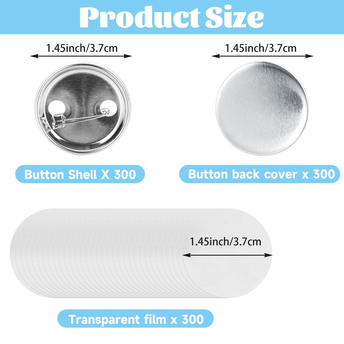 MUXHEL 900Pcs Blank Button Maker Supplies 1.46 Inch/37mm Dia Button Pins Round Metal Blank Badge Parts Metal Covers, Metal Backs& Clear Film for Button Maker Machine, Pin Maker, Badge Button Press