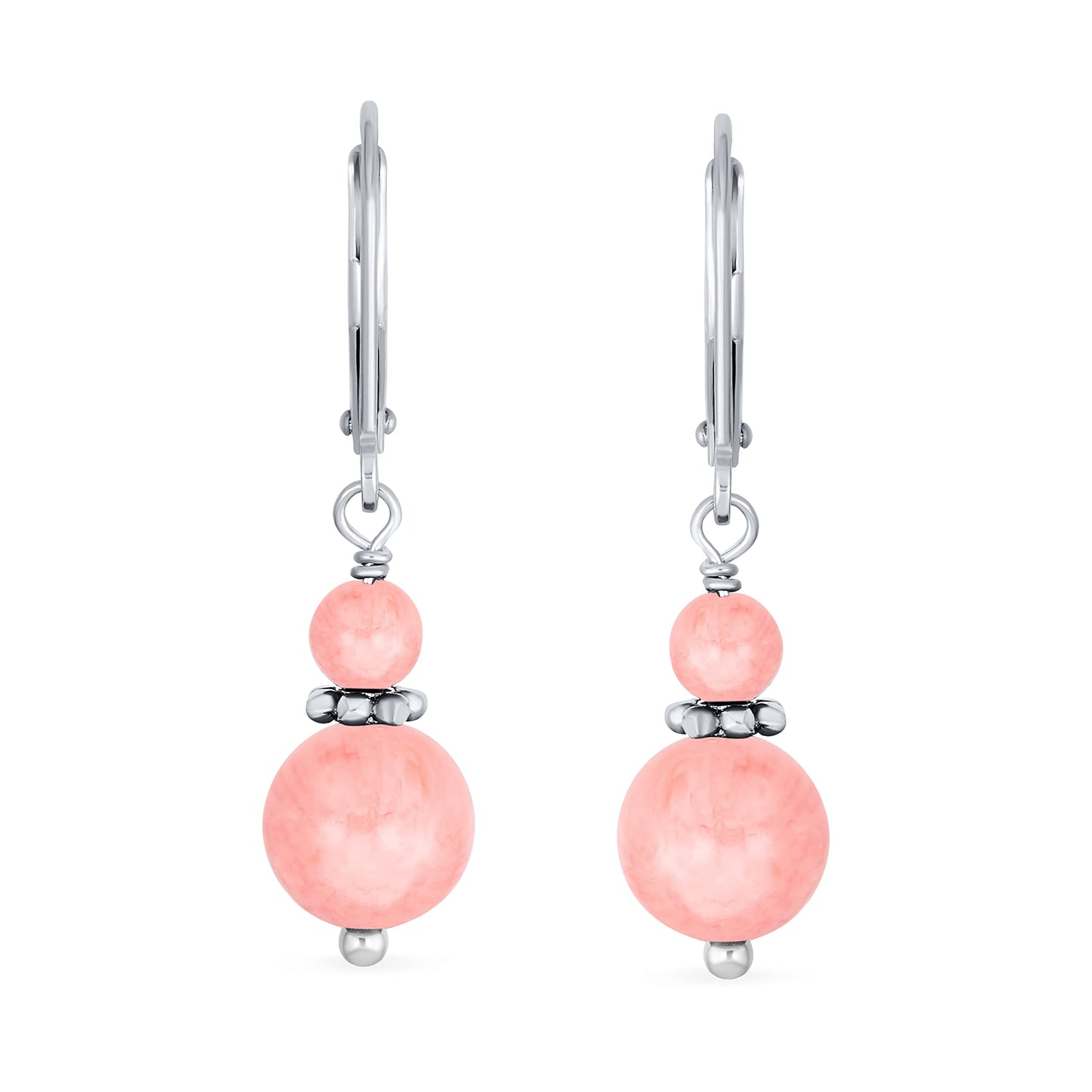 Bling Jewelry Gemstone Natural Pink Coral Boho Bali Milgrain Edged Beaded Rondel Separator Double Ball Round Drop Dangle Earrings For Women Teen .925 Sterling Silver Lever back