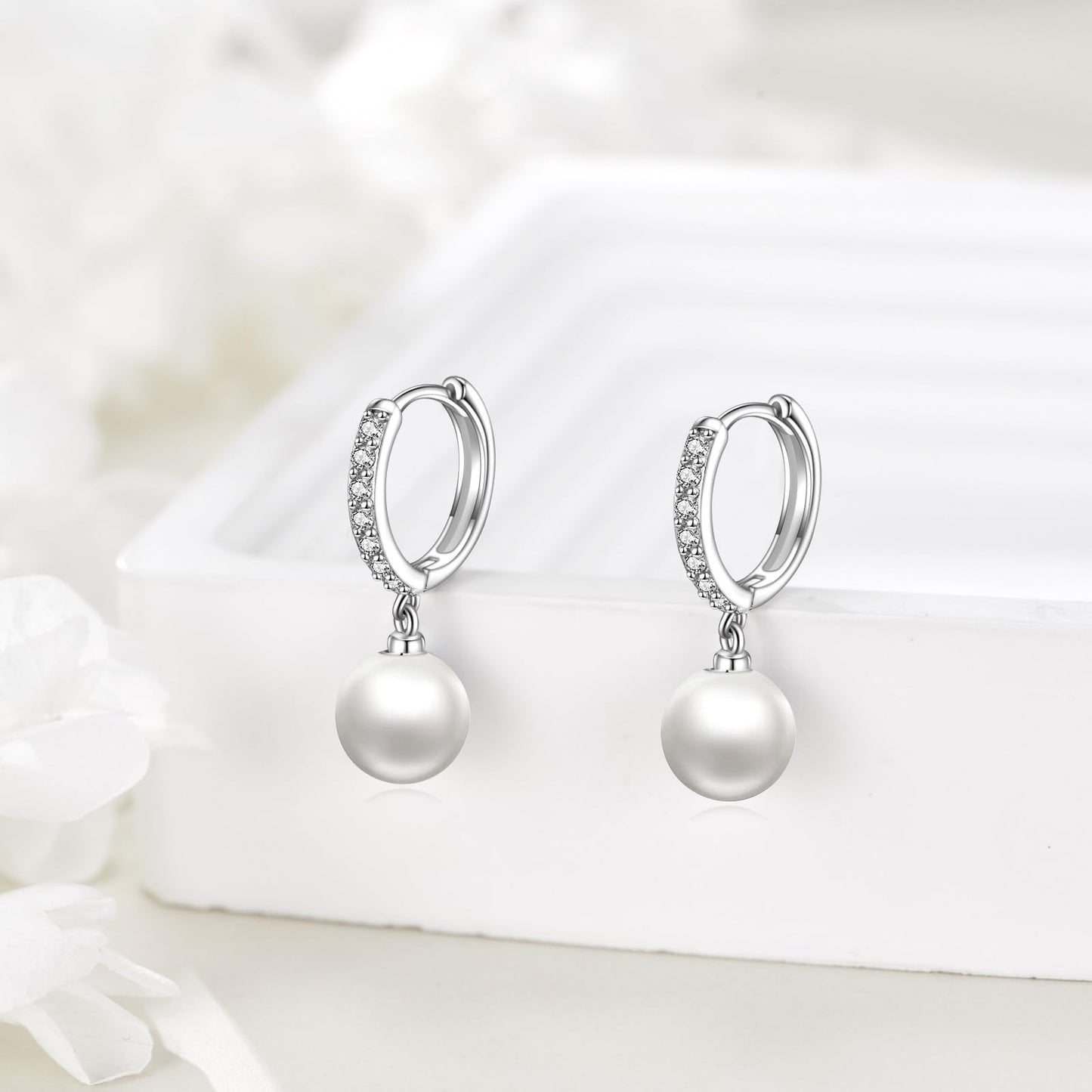 925 Sterling Silver Pearl Hoop Earrings Dangle Drop Jewelry Gifts for Women (Pearl-CZ)