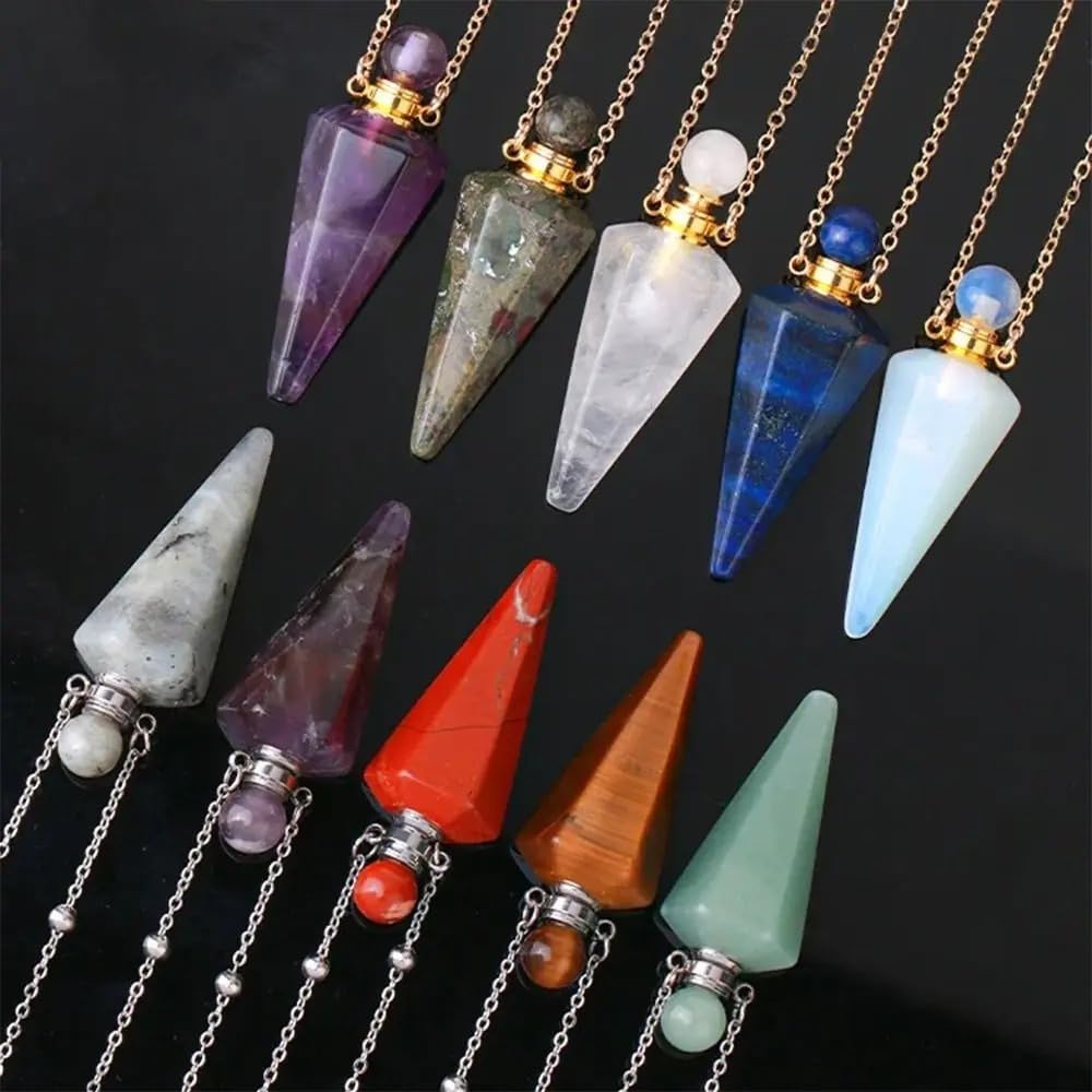 925 Sterling Silver Essential Oil Necklace For Women And Men, Natural Crystal Stone Cone Shape Pendant Necklace Healing Perfume Bottle Necklace Essential Oil Pendant Necklace (4 - Essential Oil Necklace)