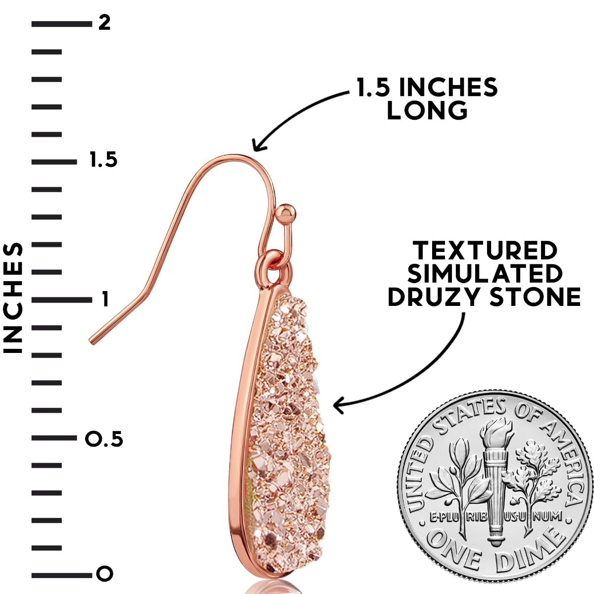 Rose Gold Tone Dangle Earrings for Women - Boho Rose Gold Tone Earrings Dangle, Simulated Druzy Dangly Teardrop Hanging Bohemian Drops, Sparkly Long Tear Drop Dangling Bridal and Bridesmaid Jewelry
