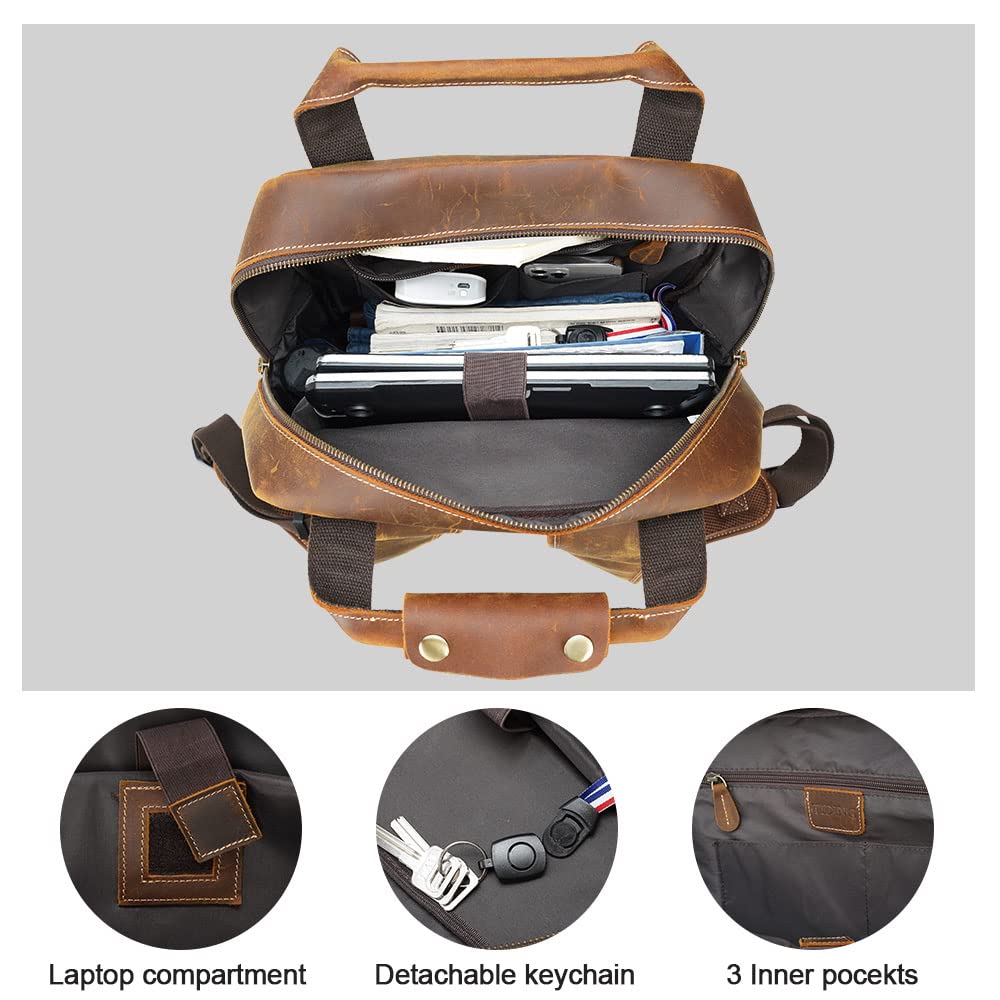 TIDING Brown Leather Laptop Backpack for Men, Vintage Business Casual Daypack Fits 15.6" 16" Computer, Large Weekender Travel Back Pack