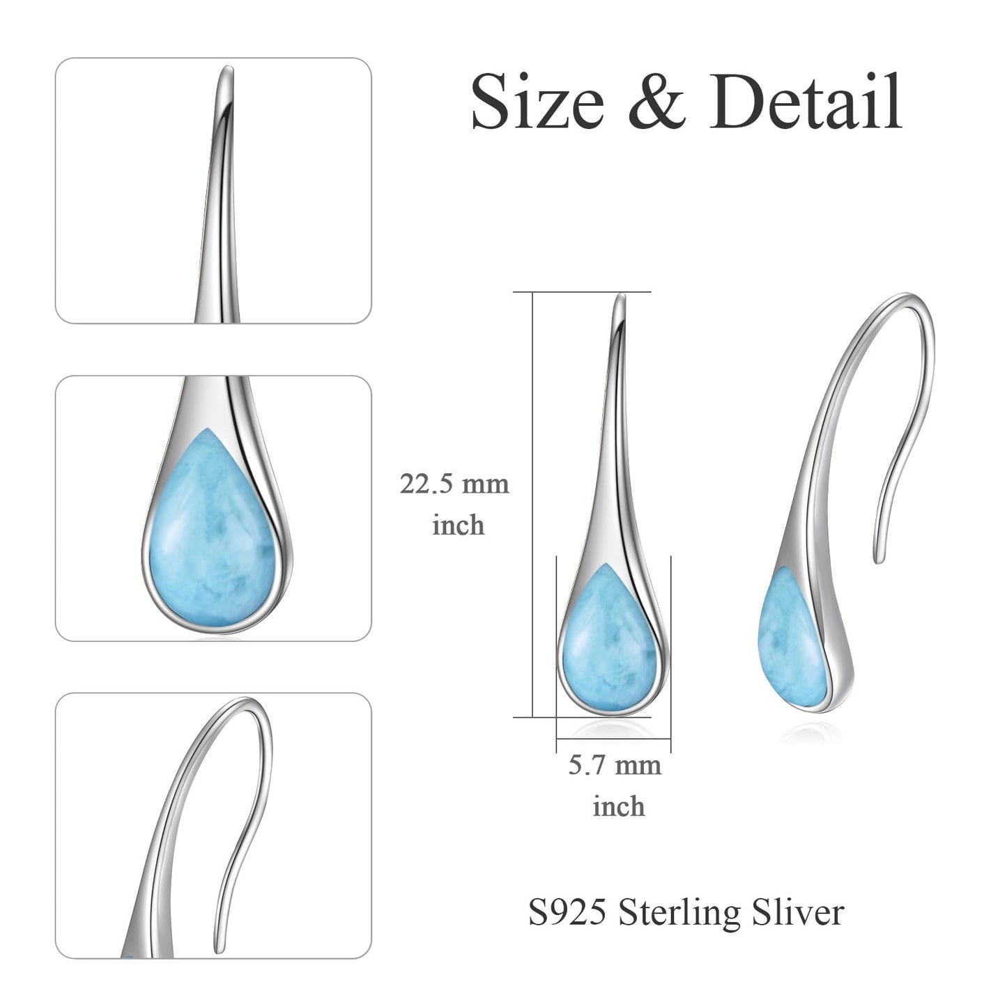 925 Sterling Silver Larimar Teardrop Earrings, Hypoallergenic Pear-Shaped Dangle Drop Earrings for Women