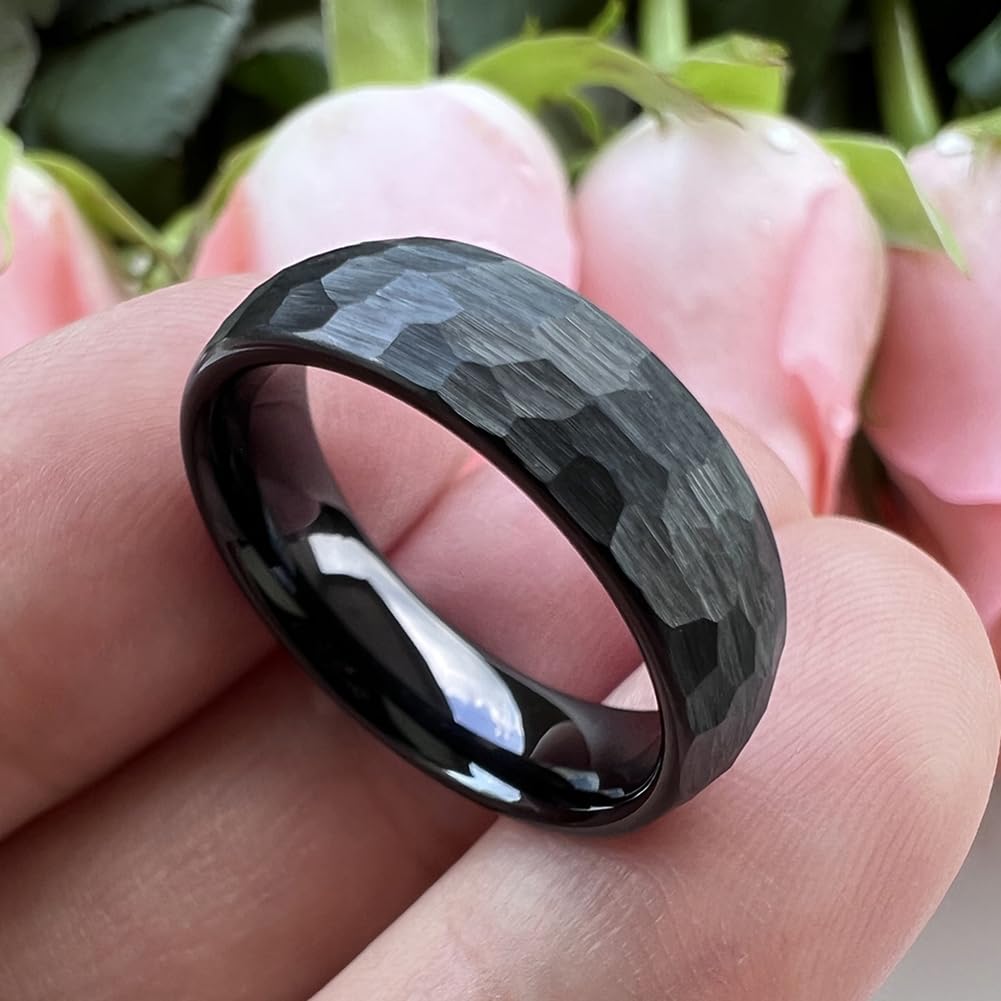TUTISS 6mm Black Hammered Tungsten Rings for Men Women Fashion Engagement Wedding Bands Domed Matte Finish Comfort Fit Size 9.5