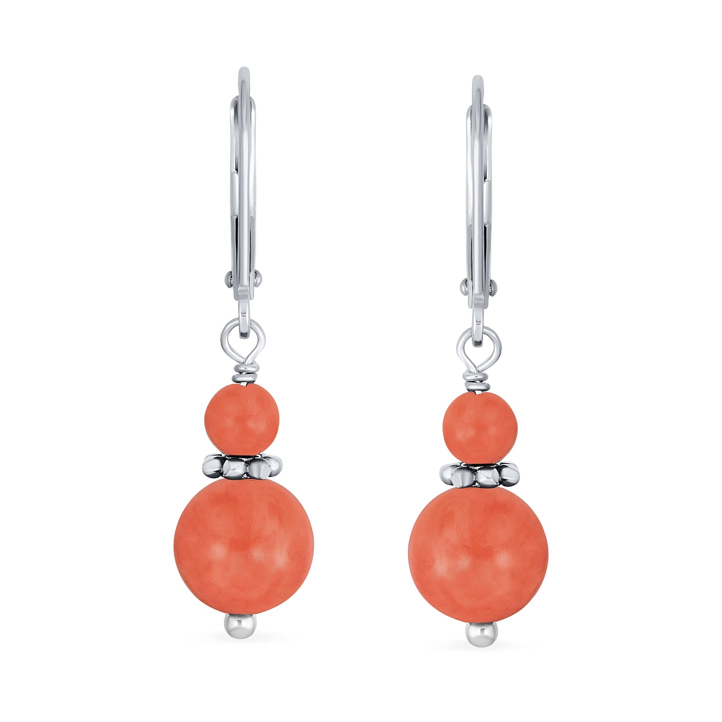 Bling Jewelry Gemstone Natural Orange Peach Coral Boho Bali Milgrain Edged Beaded Rondel Separator Double Ball Round Drop Dangle Earrings For Women Teen .925 Sterling Silver Lever back