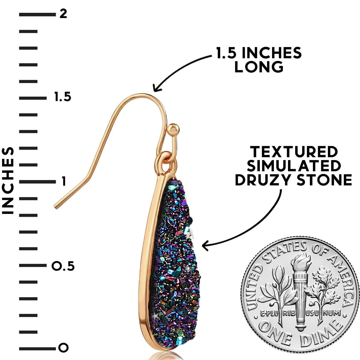 Simulated Druzy Drop Dangles - Sparkly Long Teardrop Dangly Earrings for Women, Gold Tone - Black Created Opal