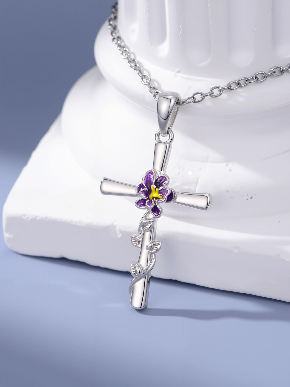 Cargari Violet Necklace for Women Sterling Silver Violet Cross Pendant Purple Flower Cross Necklace Birth Floral Jewelry Gifts for Women