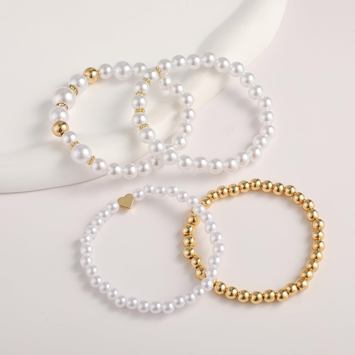 Sajidos Gold Plated Beaded Bracelets for Women Trendy, 14K Gold Plated Stack Cross Pearl Gold Plated Bead Stretch Bracelets Set Elastic Hypoallergenic Bracelets Jewelry Gifts (style11-1)