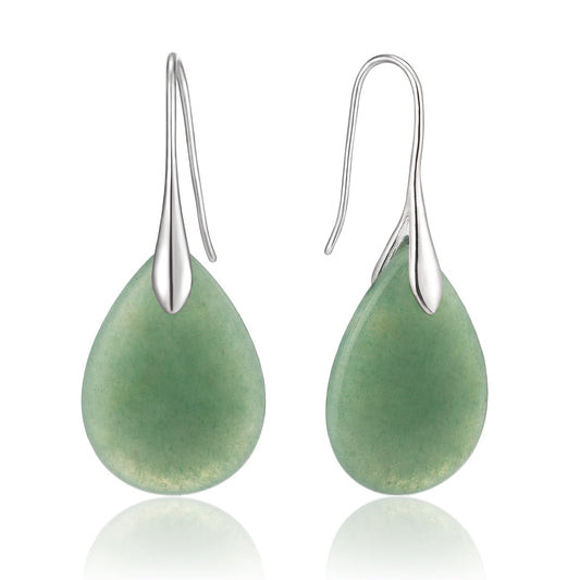 SELOVO Green Aventurine Teardrop Agate Stone Fishhook Dangle Drop Earrings Silver Tone