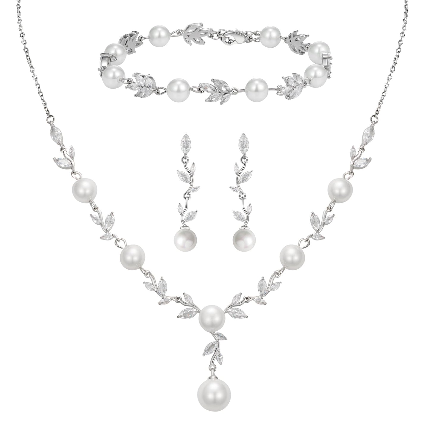 SWEETV Wedding Jewelry Set for Bride Women, Silver Cubic Zirconia Pearl Bridal Earrings Necklace Bracelet Set, Bridal Jewelry Set for Wedding Prom